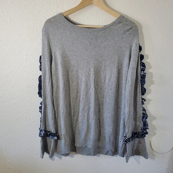 HALOGEN Plaid Ruffle Sleeve Sweater Gray Blue Size L - Picture 2 of 8